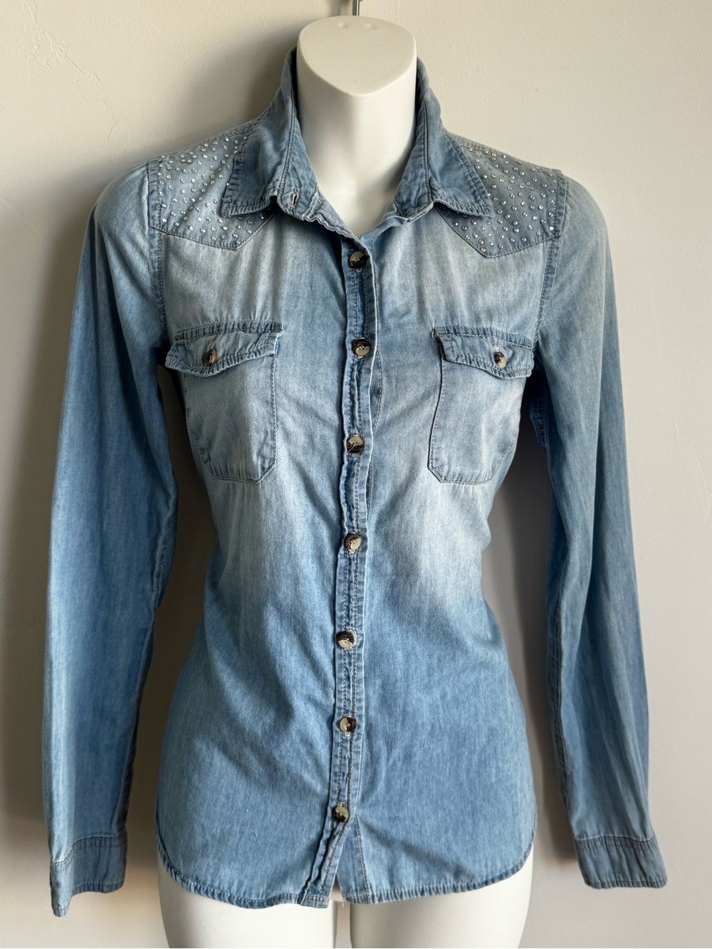BONGO Light Blue Denim Button-Down Shirt with Studded Yoke
